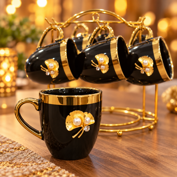 Royal Black and Gold Cup Set with Stand