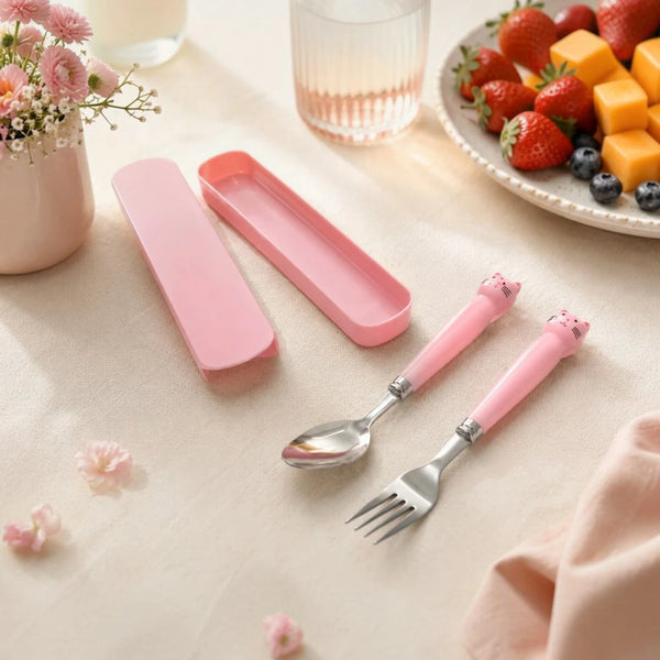 KittyBloom Kids Spoon & Fork Set with Travel Case