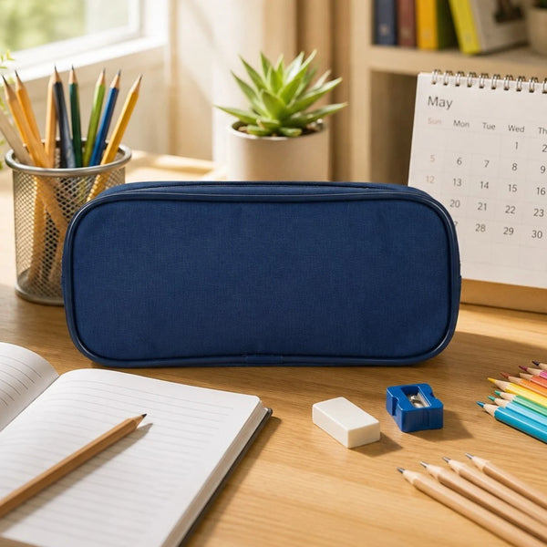 Navy Edge Dual-Zip Pencil Pouch