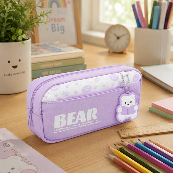Lavender Bear Charm Pencil Pouch