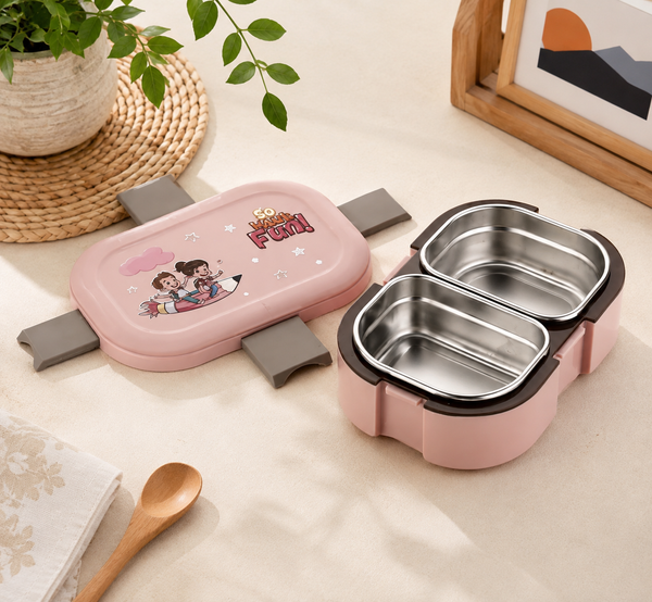 Kids Stainless Steel Pink Lunch Box 2 Compartment