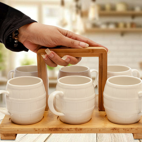 Barrel-Style Ceramic Mug Set with Wooden Carry Stand