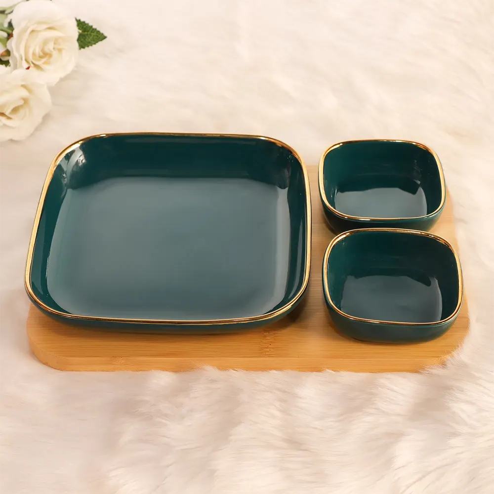 DARK GREEN GOLDEN LINED TRIO BOWL SET (3PCS)