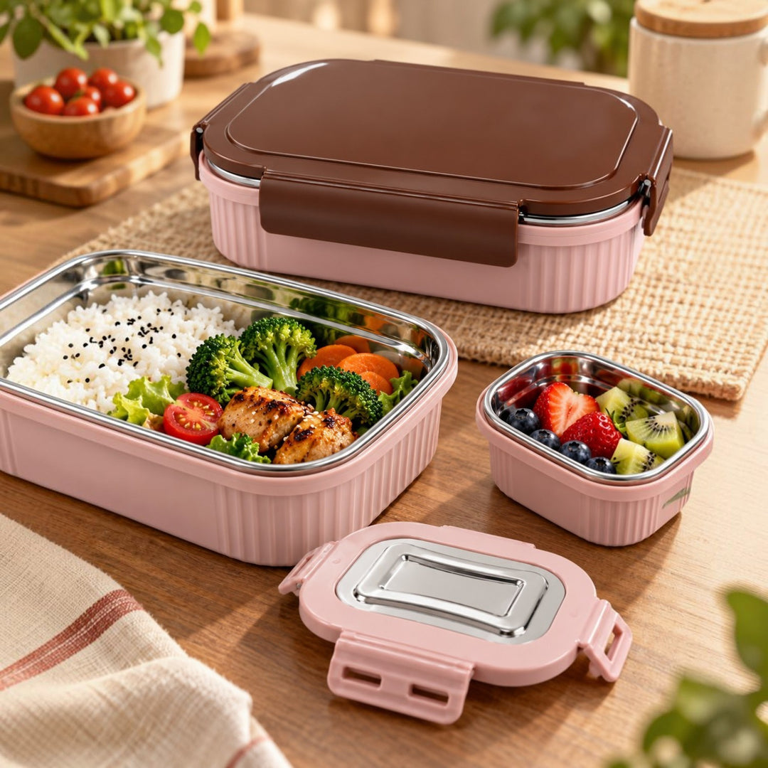 Meal Mate DuoLock Stainless Steel Microwave Lunch Box Set Pink-Brown