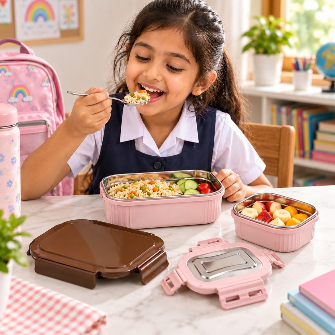 Meal Mate DuoLock Stainless Steel Microwave Lunch Box Set Pink-Brown