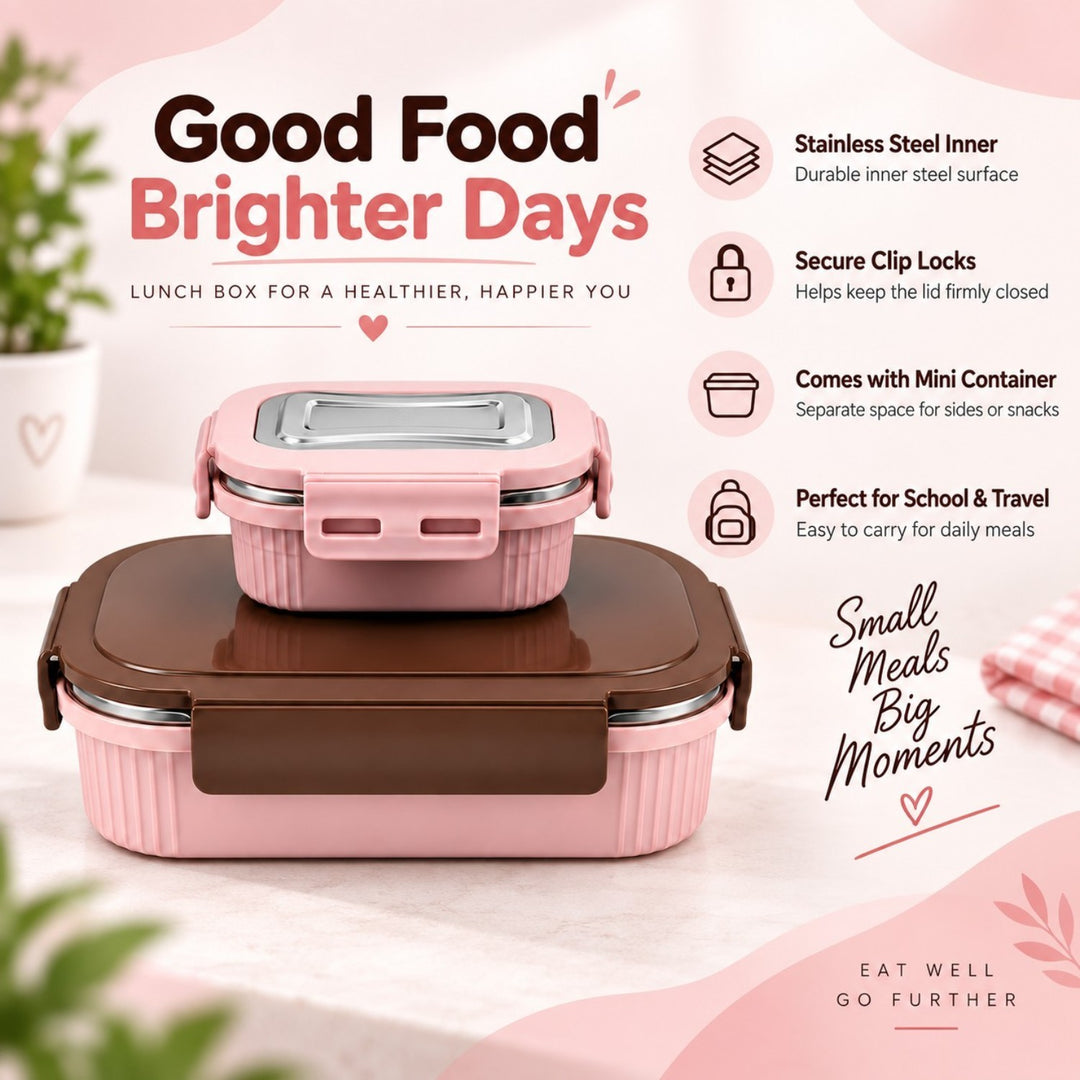 Meal Mate DuoLock Stainless Steel Microwave Lunch Box Set Pink-Brown