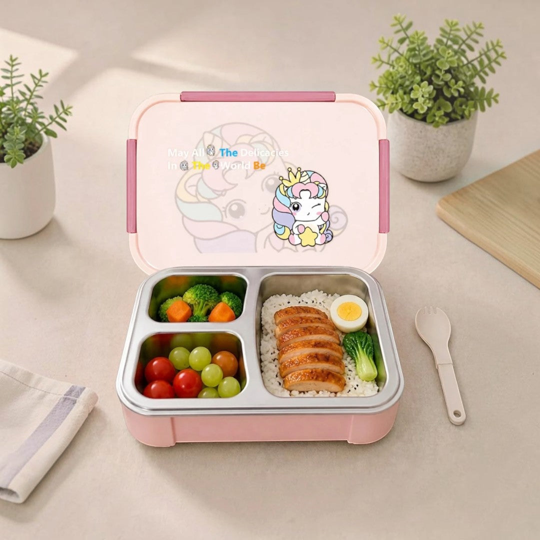 Cute Unicorn 3-Compartment Stainless Steel Lunch Box