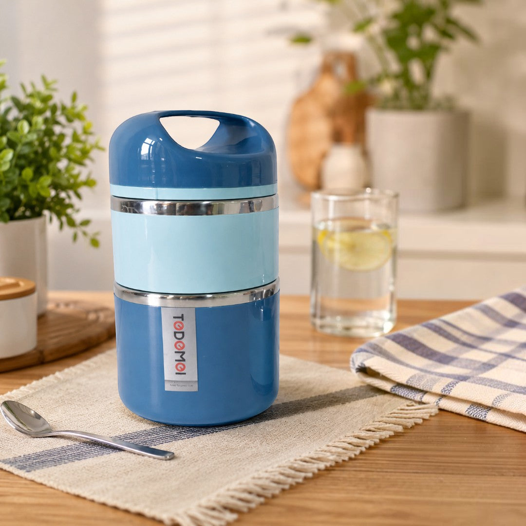 Blue Insulated Stainless Steel 2-Tier Lunch Box with Carry Handle