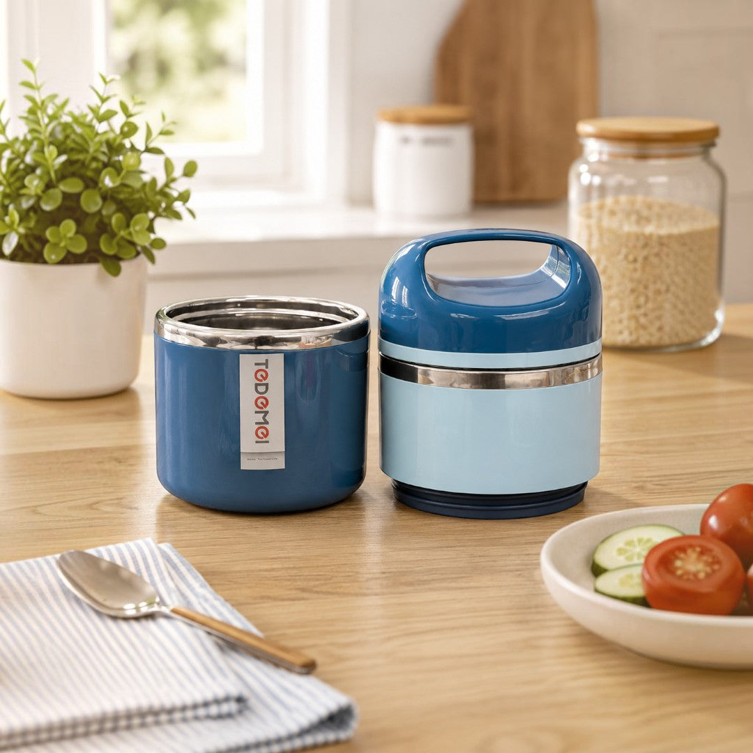 Blue Insulated Stainless Steel 2-Tier Lunch Box with Carry Handle