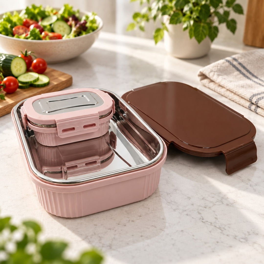 Meal Mate DuoLock Stainless Steel Microwave Lunch Box Set Pink-Brown