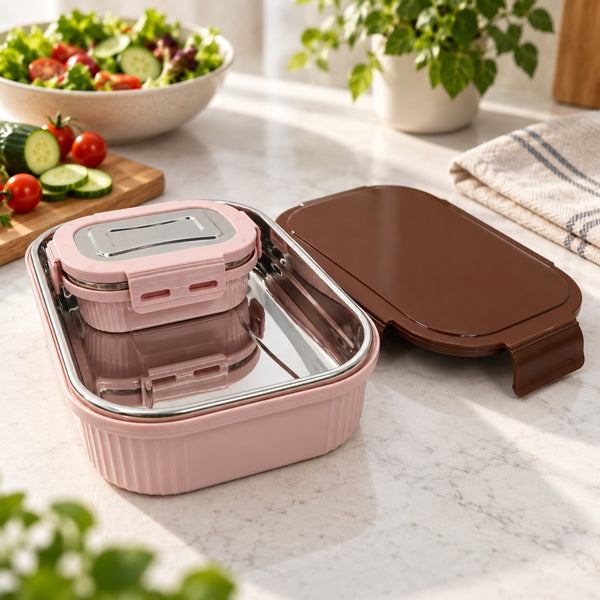Meal Mate DuoLock Stainless Steel Microwave Lunch Box Set Pink-Brown