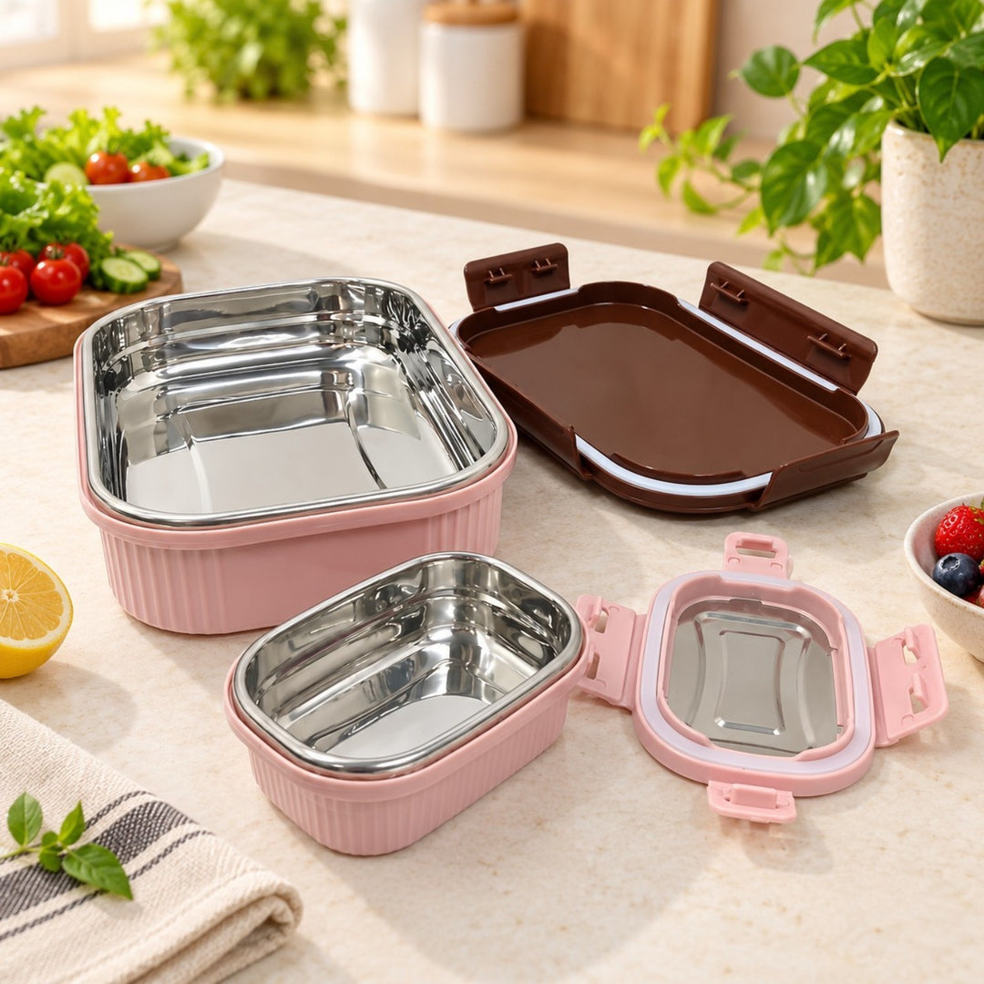 Meal Mate DuoLock Stainless Steel Microwave Lunch Box Set Pink-Brown