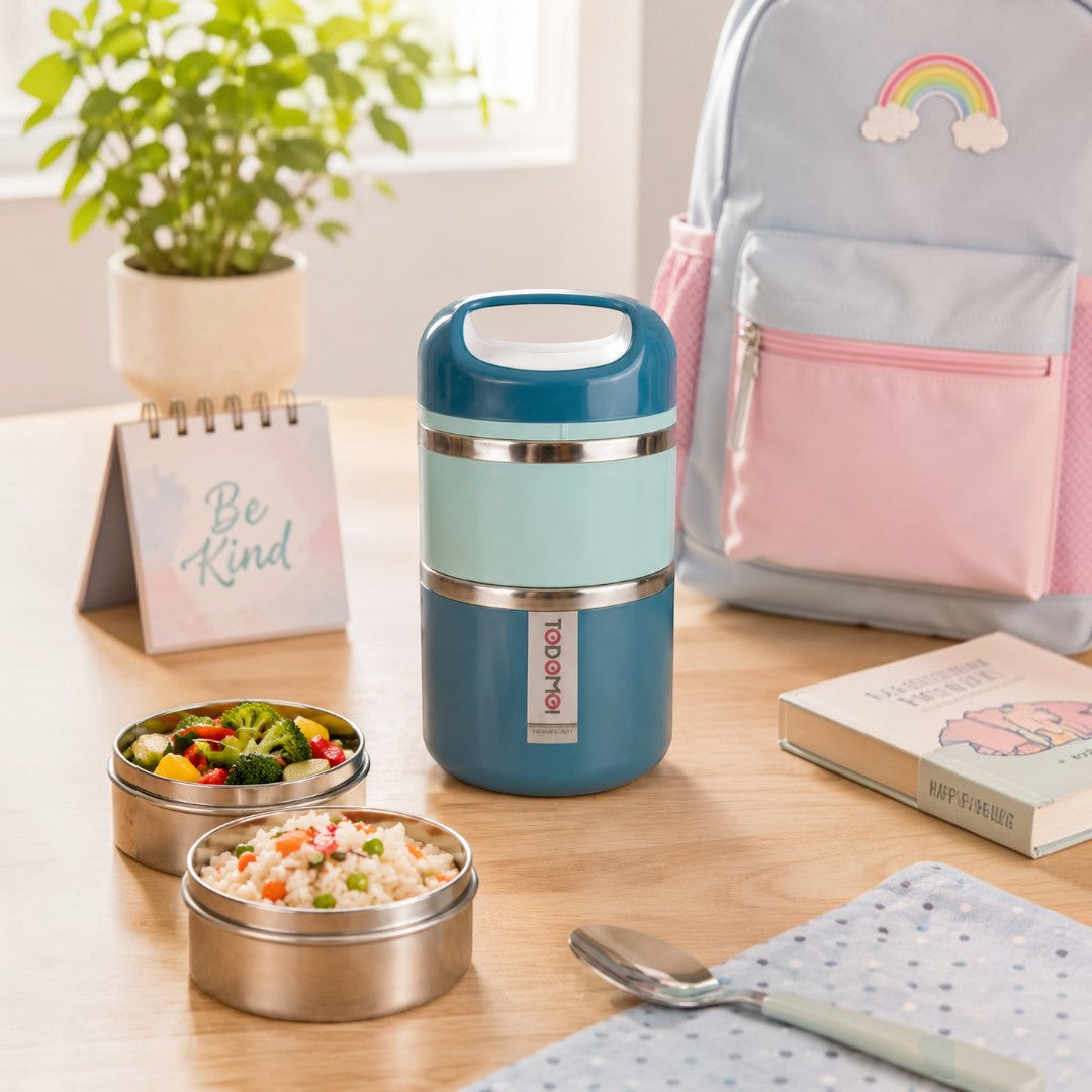 Blue Insulated Stainless Steel 2-Tier Lunch Box with Carry Handle