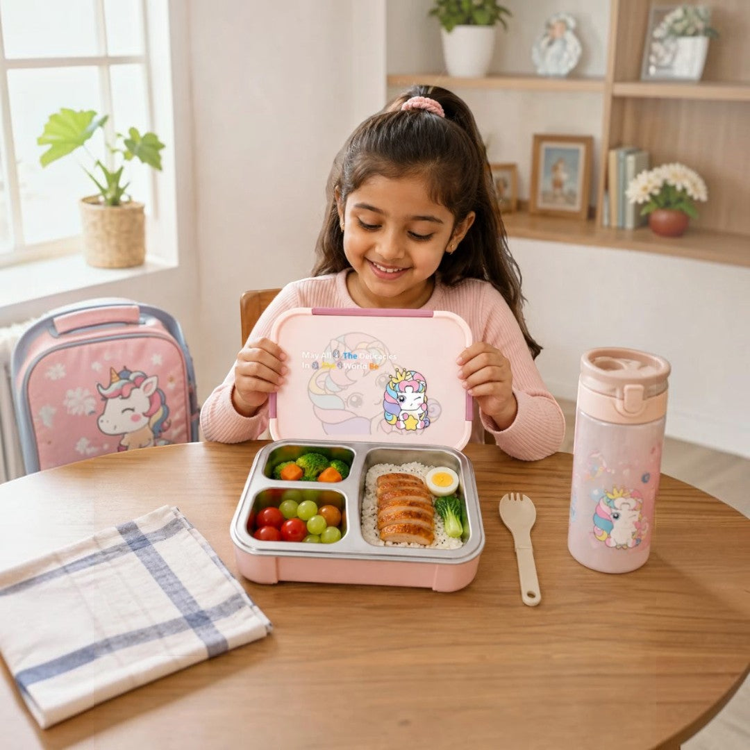 Cute Unicorn 3-Compartment Stainless Steel Lunch Box