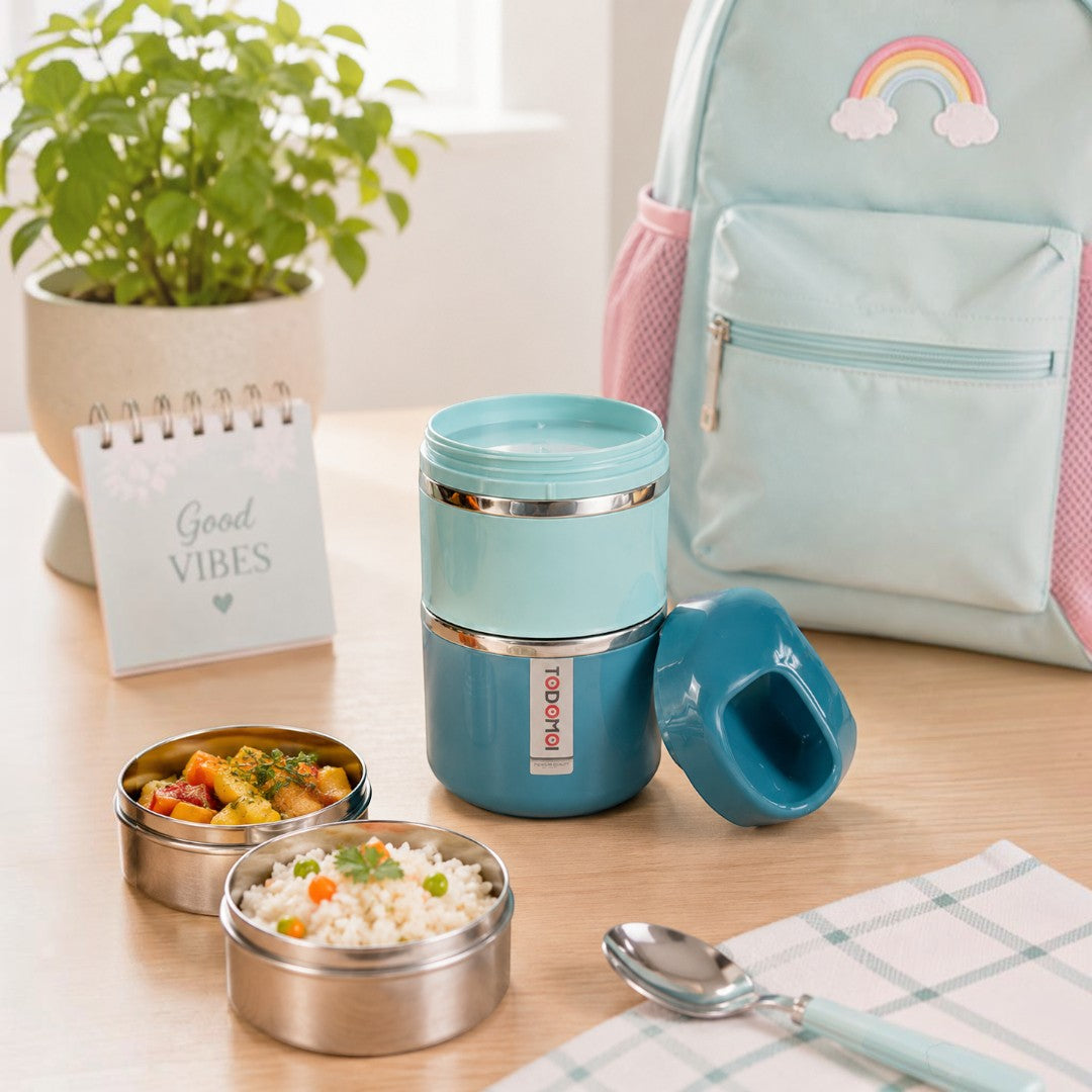 Blue Insulated Stainless Steel 2-Tier Lunch Box with Carry Handle