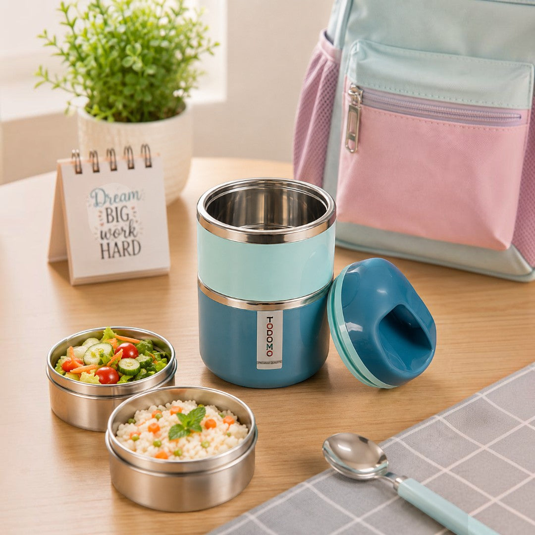 Blue Insulated Stainless Steel 2-Tier Lunch Box with Carry Handle