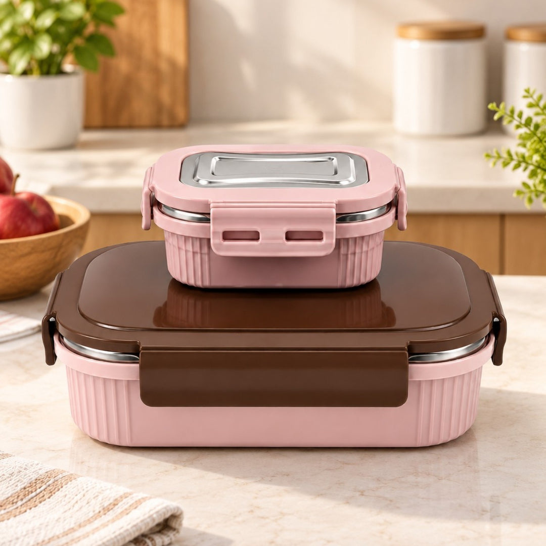 Meal Mate DuoLock Stainless Steel Microwave Lunch Box Set Pink-Brown