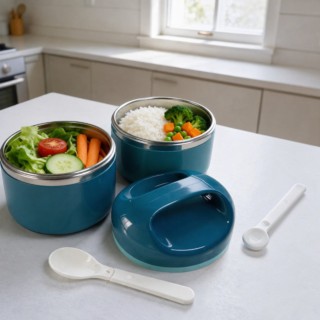 Blue Insulated Stainless Steel 2-Tier Lunch Box with Carry Handle
