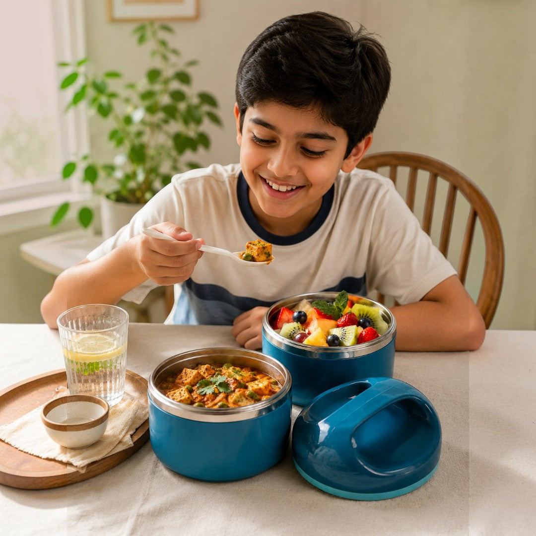 Blue Insulated Stainless Steel 2-Tier Lunch Box with Carry Handle