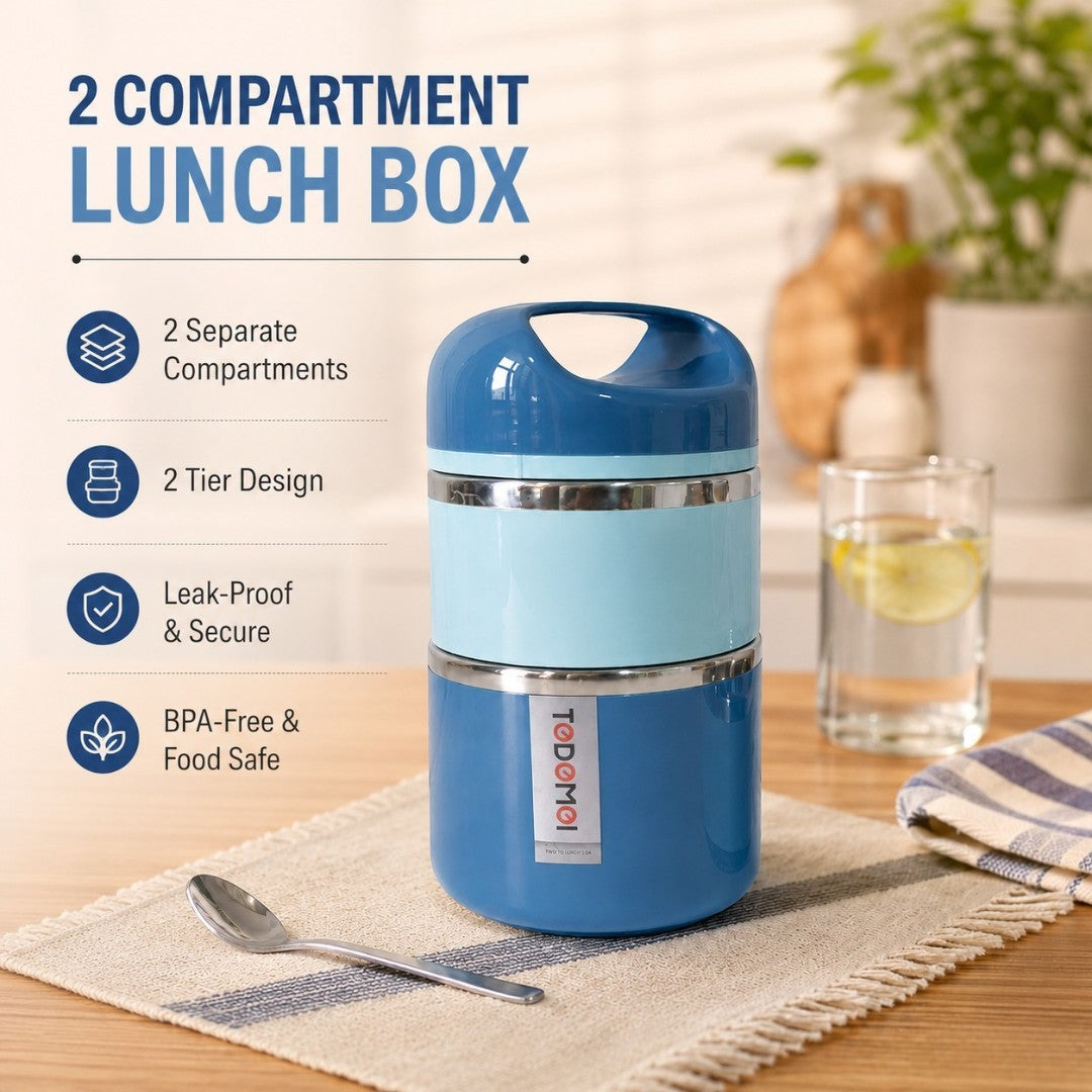 Blue Insulated Stainless Steel 2-Tier Lunch Box with Carry Handle