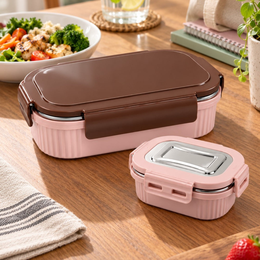 Meal Mate DuoLock Stainless Steel Microwave Lunch Box Set Pink-Brown