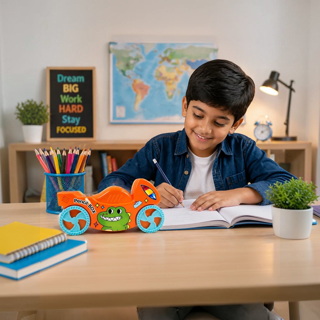 Dino Racer Wheel-Shaped Kids Pencil Box