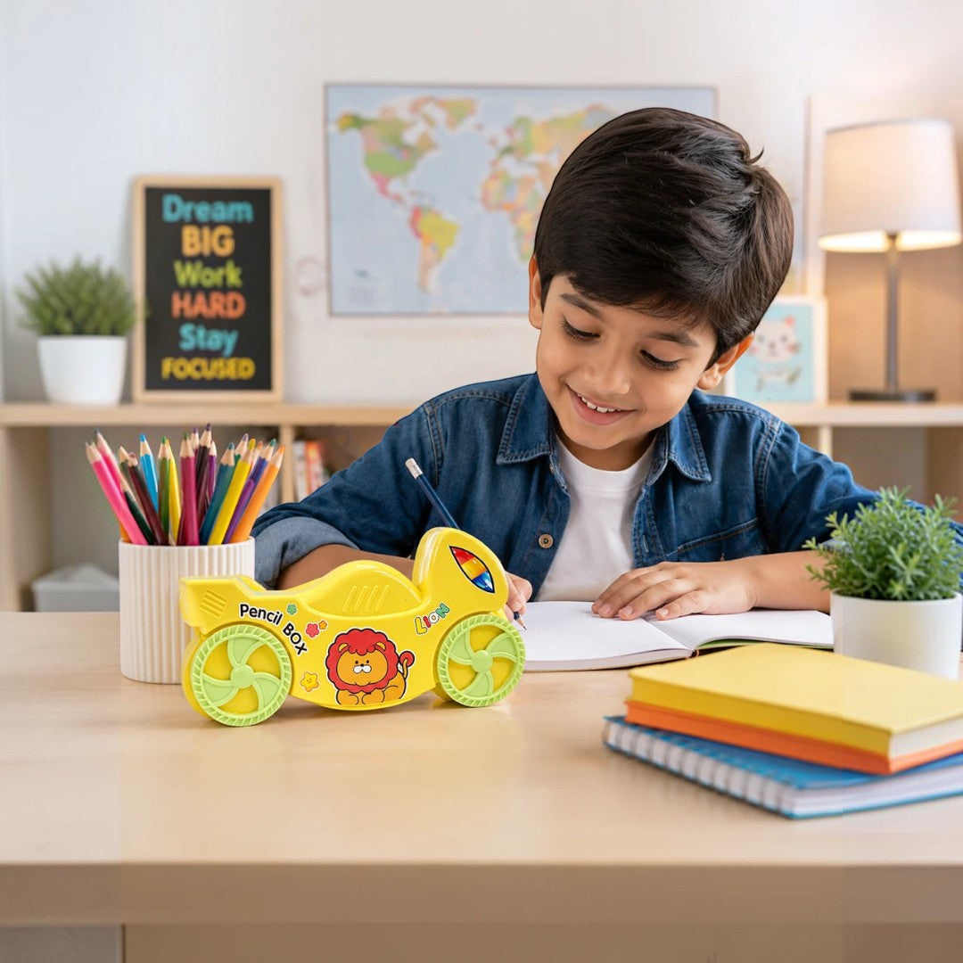 Lion Racer Wheel-Shaped Kids Pencil Box