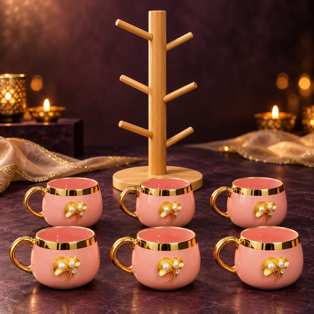 Blush Pearl Mug Set with Wooden Tree Stand