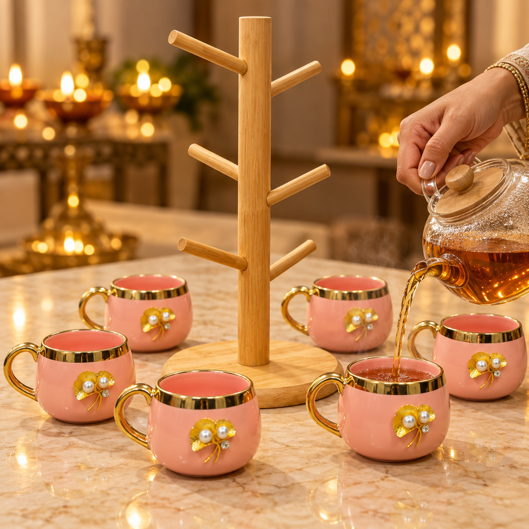Blush Pearl Mug Set with Wooden Tree Stand