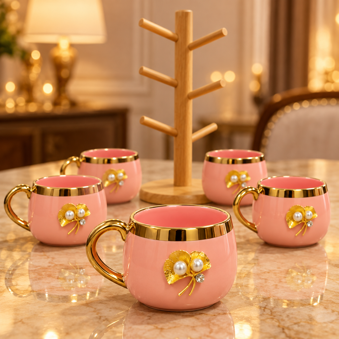 Blush Pearl Mug Set with Wooden Tree Stand