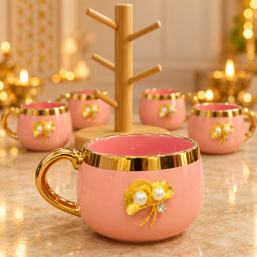 Blush Pearl Mug Set with Wooden Tree Stand