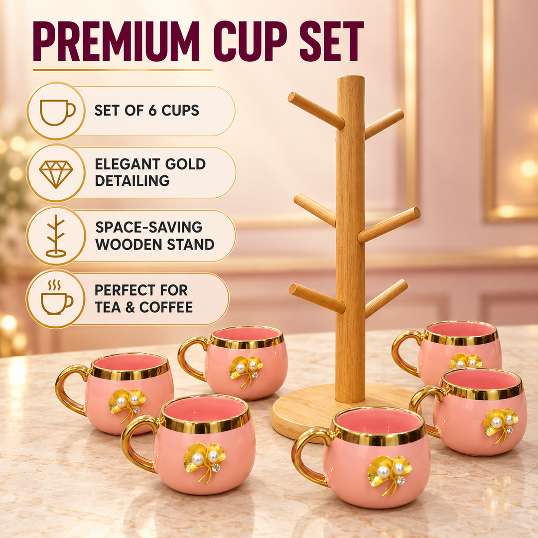 Blush Pearl Mug Set with Wooden Tree Stand