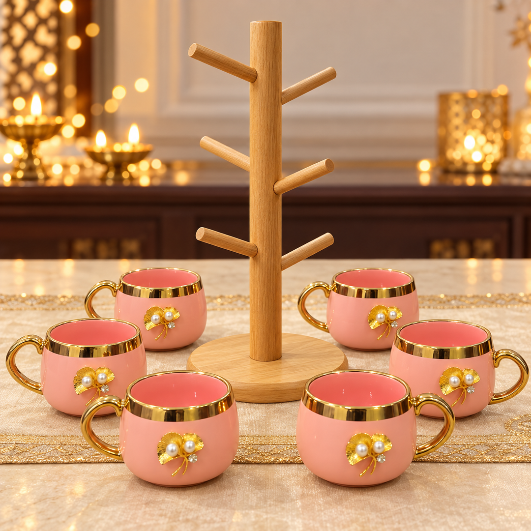 Blush Pearl Mug Set with Wooden Tree Stand