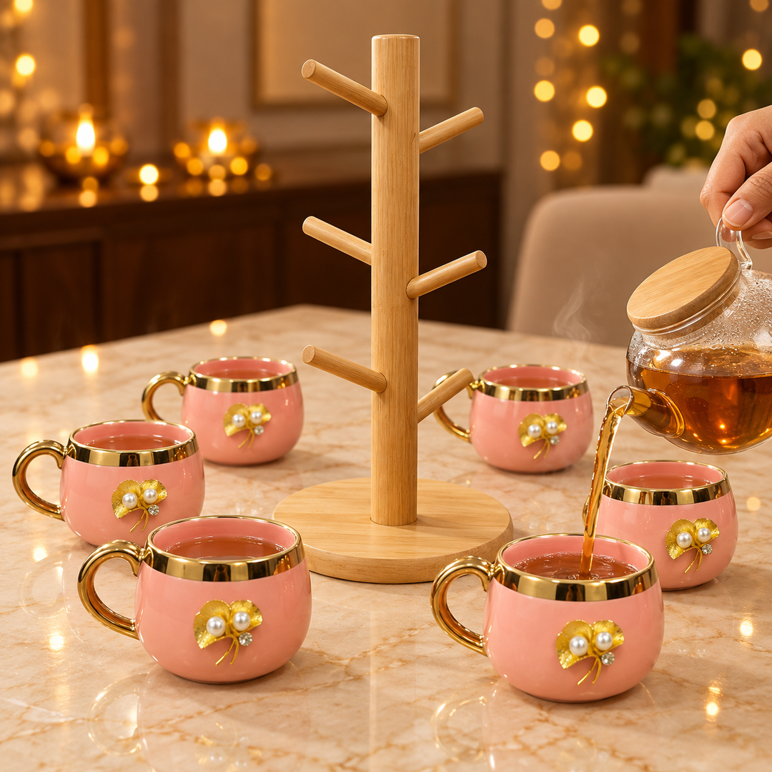 Blush Pearl Mug Set with Wooden Tree Stand