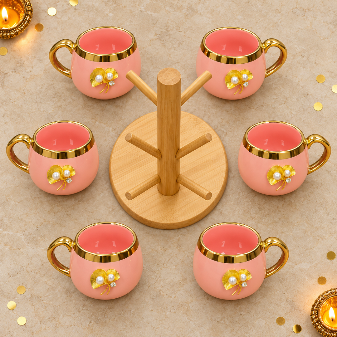 Blush Pearl Mug Set with Wooden Tree Stand