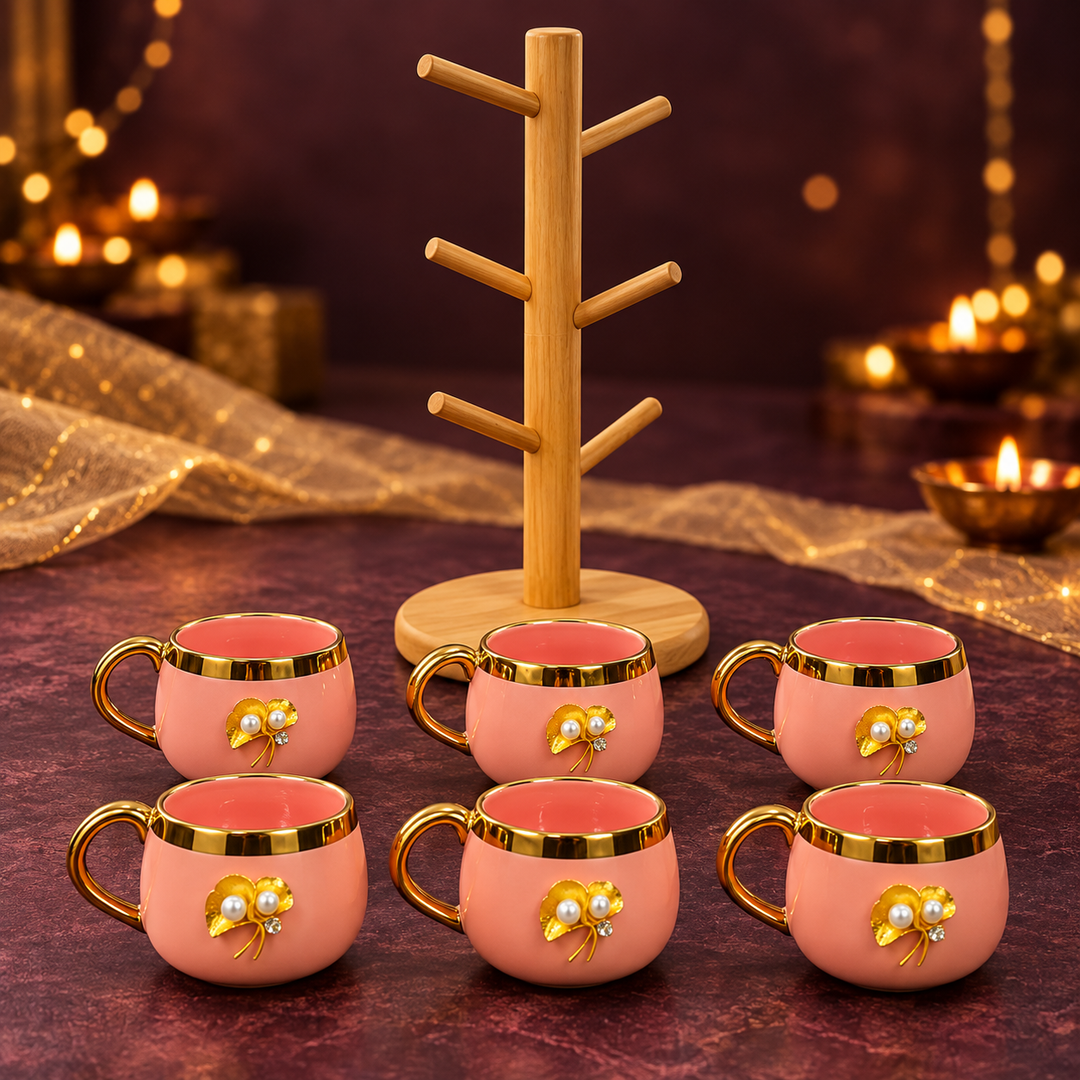 Blush Pearl Mug Set with Wooden Tree Stand