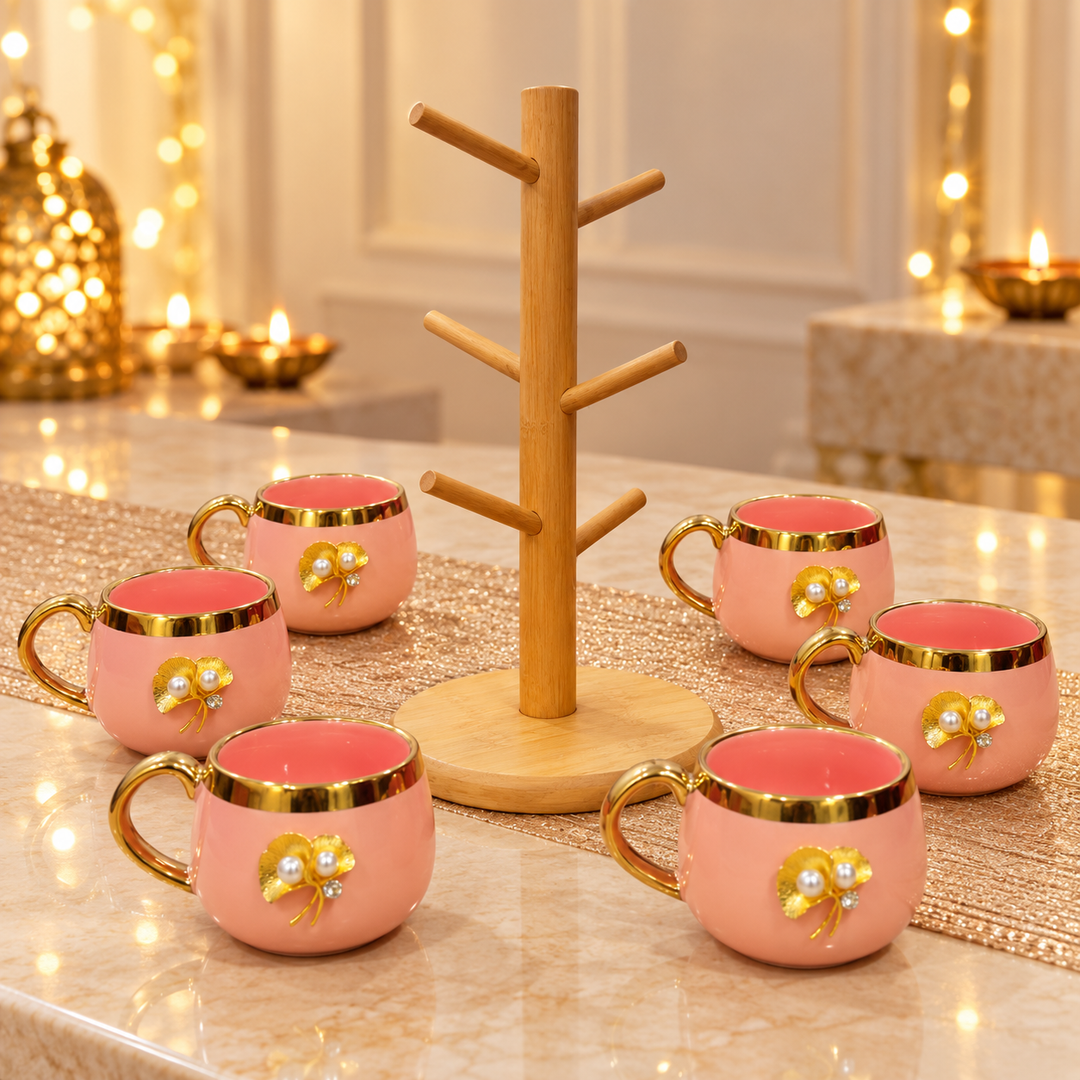 Blush Pearl Mug Set with Wooden Tree Stand