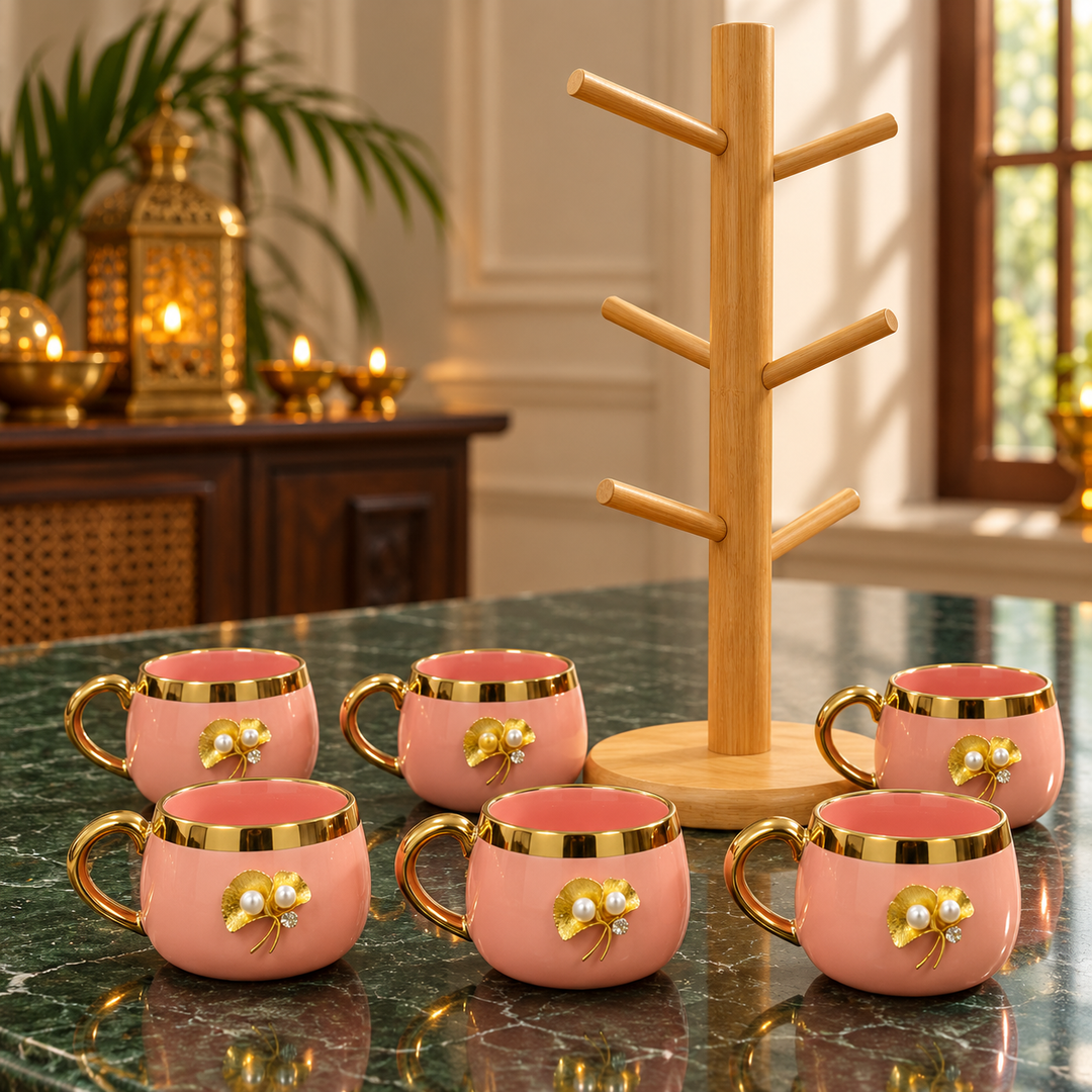 Blush Pearl Mug Set with Wooden Tree Stand