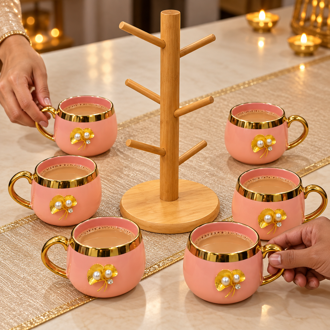 Blush Pearl Mug Set with Wooden Tree Stand