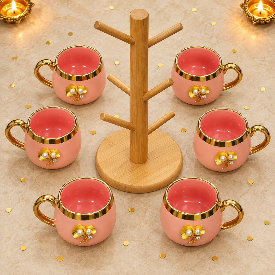 Blush Pearl Mug Set with Wooden Tree Stand
