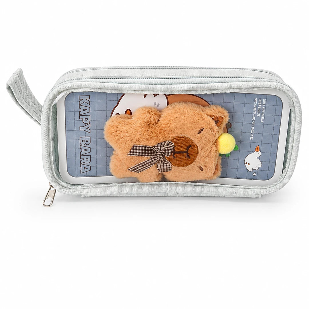 Kapybara Plush Dual-Zip Transparent Pencil Pouch