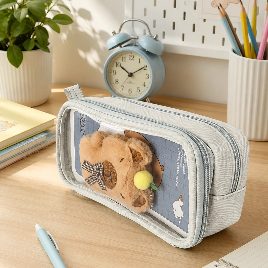 Kapybara Plush Dual-Zip Transparent Pencil Pouch