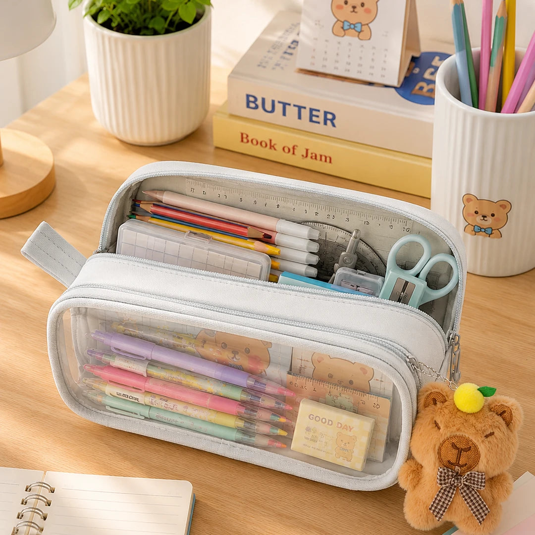 Kapybara Plush Dual-Zip Transparent Pencil Pouch