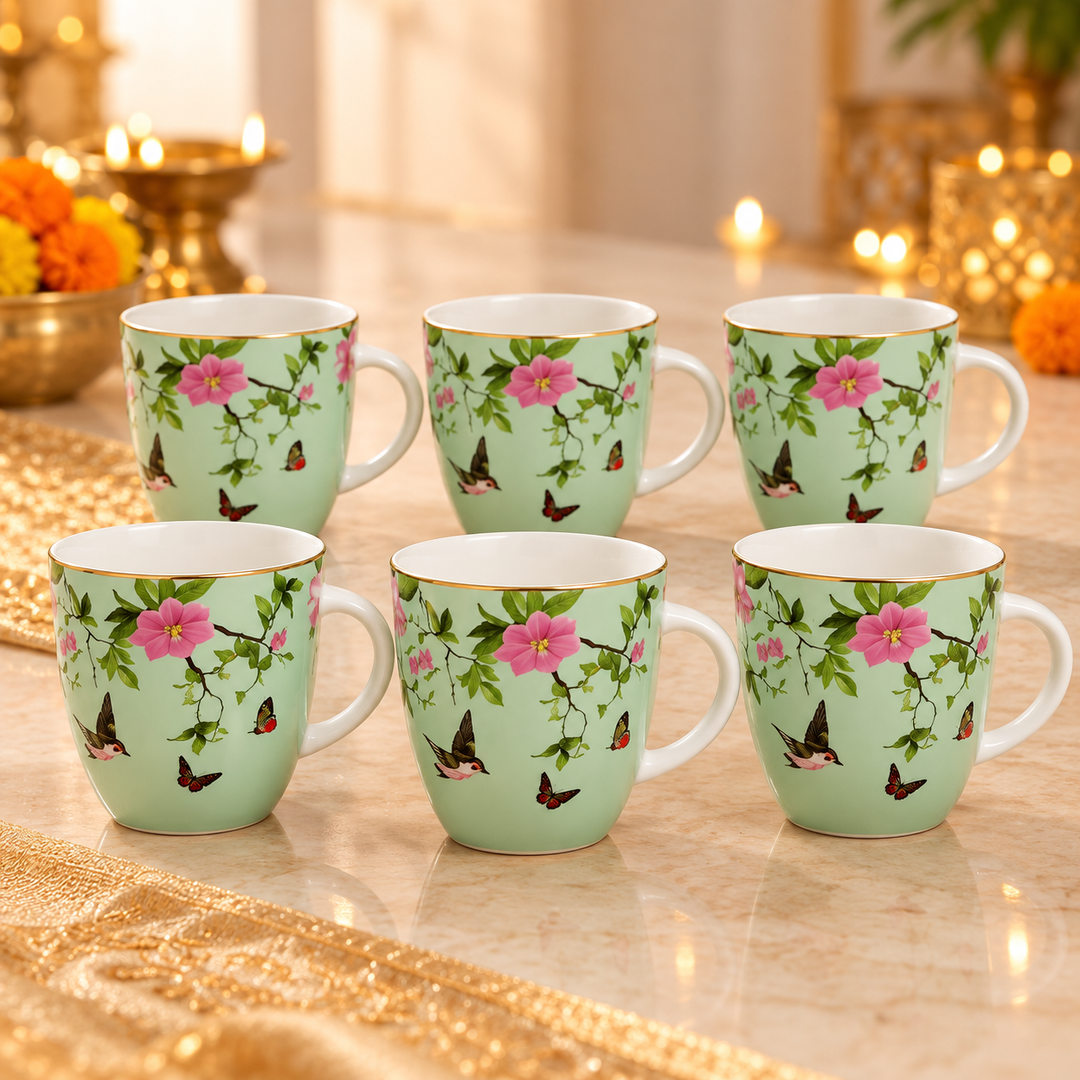 Mint Blossom Bird Mug Set