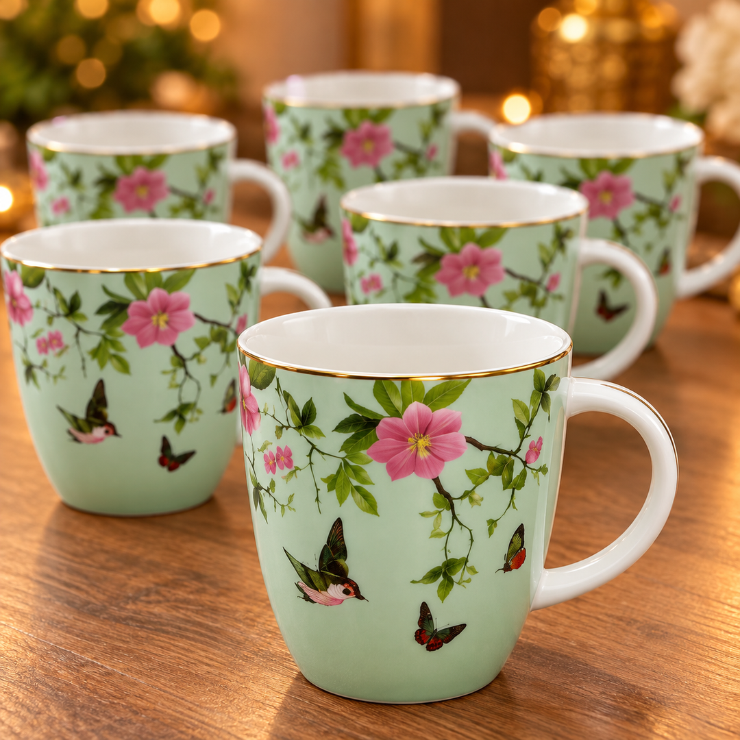 Mint Blossom Bird Mug Set