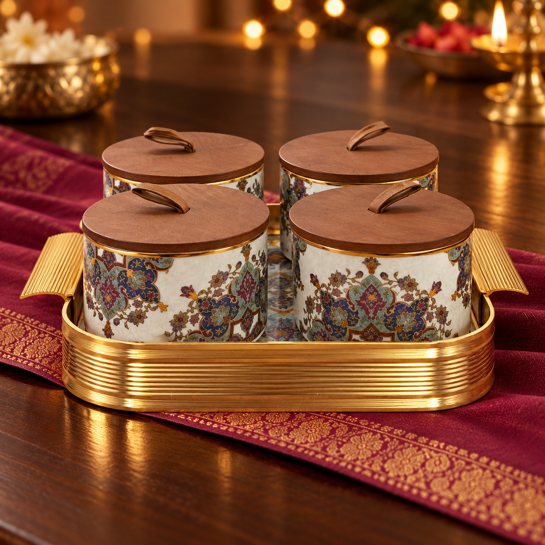 Royal Floral Storage Jar Set with Tray