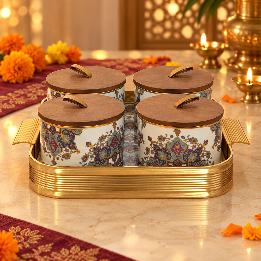 Royal Floral Storage Jar Set with Tray