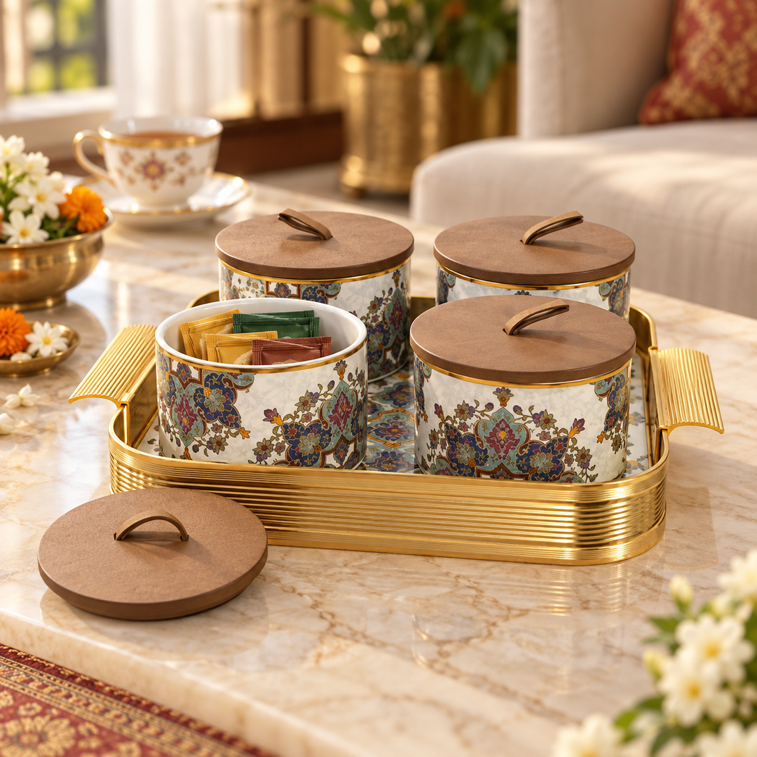 Royal Floral Storage Jar Set with Tray