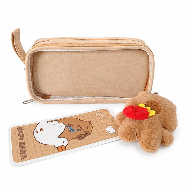 Kapybara Plush Dual-Zip Transparent Pencil Pouch Brown