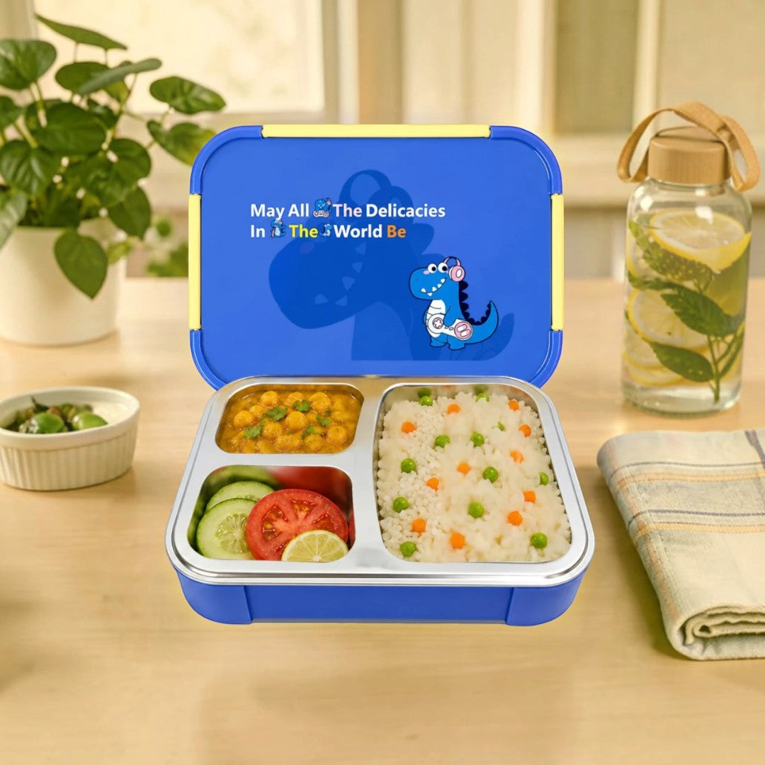 Dino Buddy 3-Compartment Stainless Steel Kids Lunch Box